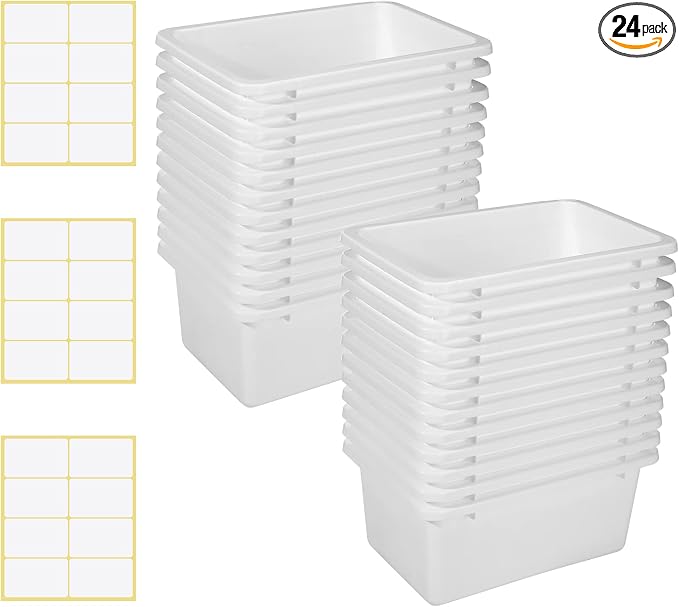 Outus 24 Pack Book Bins for Classroom Plastic Cubby Storage Bins Colored Kids Toy Organizer Container with 120 Pcs Self Adhesive Label for Student Teacher Library School Office Home(White)