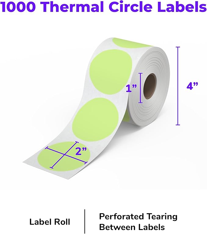 Rollo Circle Thermal Labels 2 Inch - Roll of 1,000 Round Sticker Labels - Multi-Purpose Direct Thermal Printer Stickers 2x2 (Green)