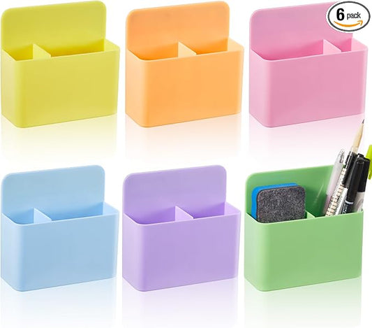 6 Pcs Magnetic Marker Holder for Whiteboard, Dry Erase Marker Organizer with Removable Divider, Magnetic Pen Holder for Classroom Office Locker Fridge File Cabinet (Macaron)