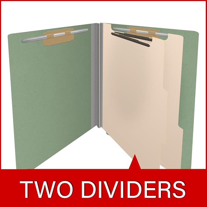 Pressboard Classification Folders, Full Cut End Tab, Letter Size, 2 Dividers, Green (Box of 10)