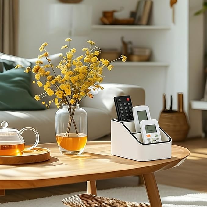 UNICRAFTALE PU Leather Remote Control Holder Organizer 3-Grid Desk Organizer Bedside Table Caddy Remot Organizers for TV Remote Pen Glasses Office Supplies Home Decor White 6.69x3.94x3.94 Inch