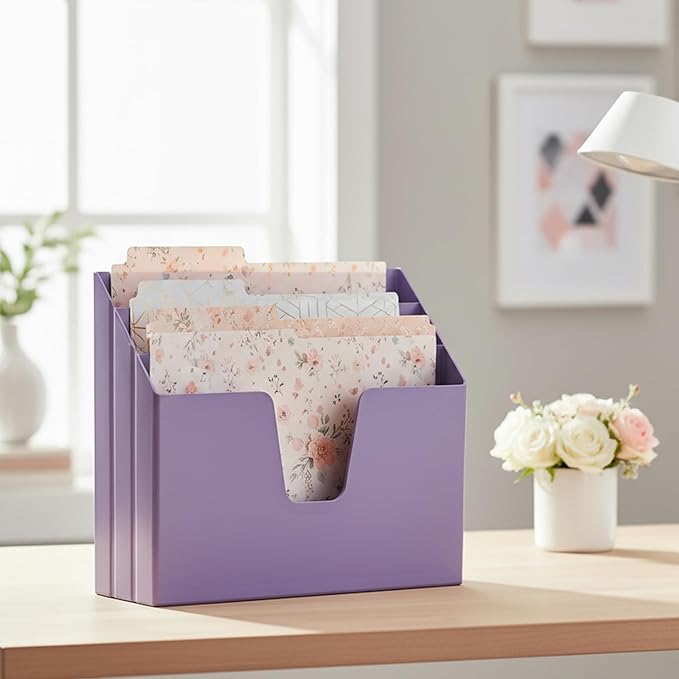 Acrimet Horizontal Triple File Folder Holder Organizer, Open Top Desktop Document Sorter for Letter Size Papers & Folders, Plastic (Solid Purple)