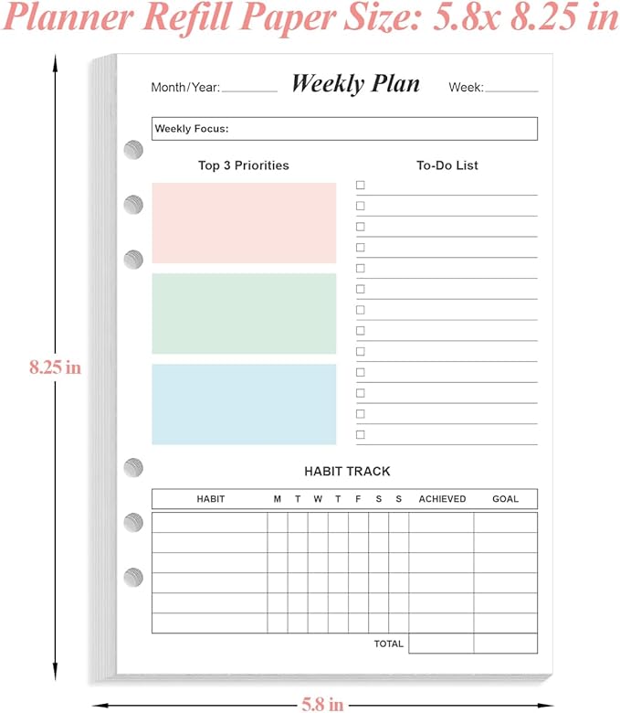 Weekly Planner Refills for A5 Binders - 53 Sheets/106 Pages Undated Colorful Weekly Planner, 6-Hole Punched, 100 gsm White Paper, Lasts 1 Year, Undated, 5.8" x 8.3"