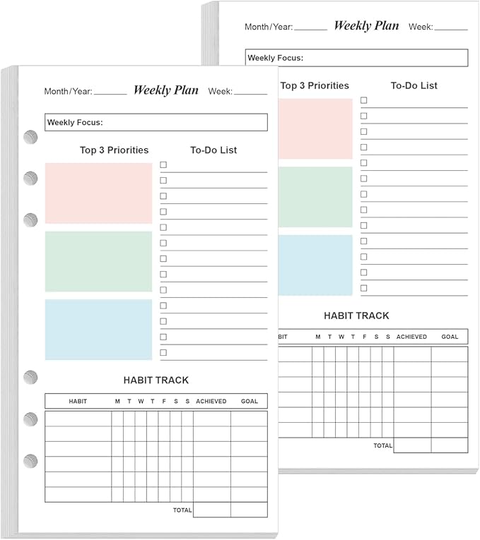 (2-Pack) A6 Weekly Planner Refills for Filofax Personal Binders, 106 Sheets/212 Pages Undated Colorful Weekly Planner, 6-Hole Punched, 100 gsm White Paper, Last 2 Year, 3.75" x 6.75"
