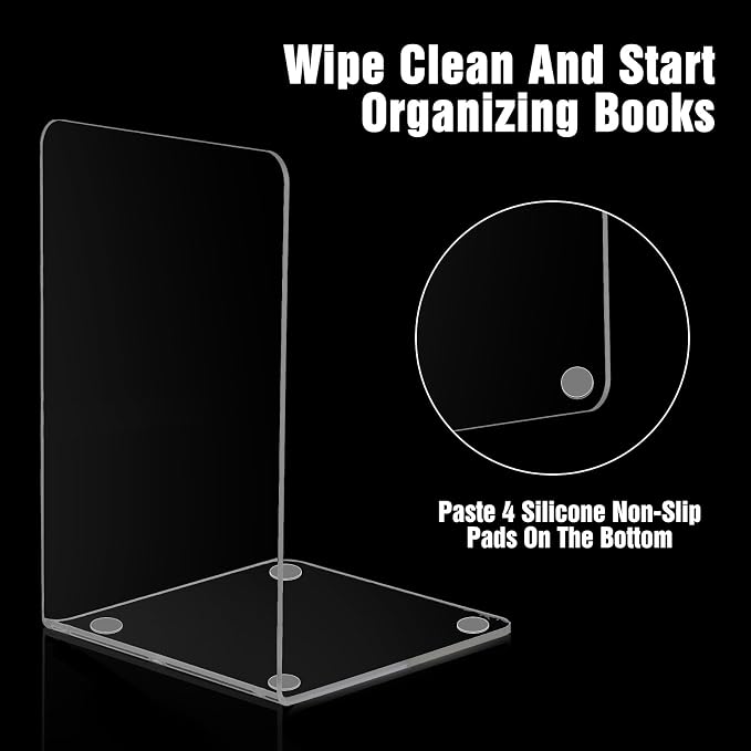 20 Pieces Book Ends, Clear Acrylic Bookends for Shelves, Heavy Duty Book Holders, Non Skid Decorative Bookends for School, Library, Bedroom, Office