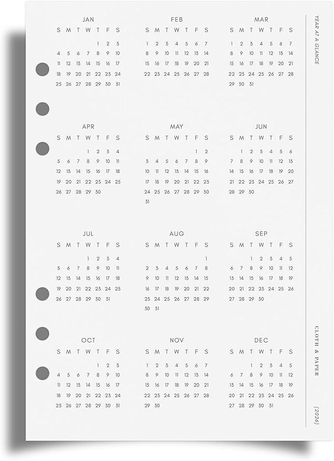 Cloth & Paper 2026 Year At A Glance Planner Single Page Dashboard | A5 Size 6 Hole Punch, 5.8 x 8.3 Inches | Transparent Vellum, Pre-Punched, Fits A5 6 Ring Agenda, Durable and Elegant Annual Insert