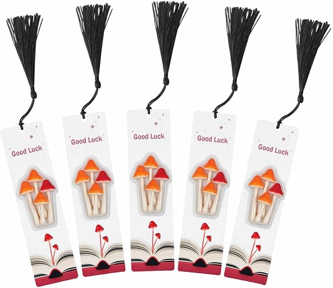 Mushroom Bookmarks Set 5 with Tassels Orange Red Luck Wooden Bookmarks for Reading Women Men Students Teachers School Supplies