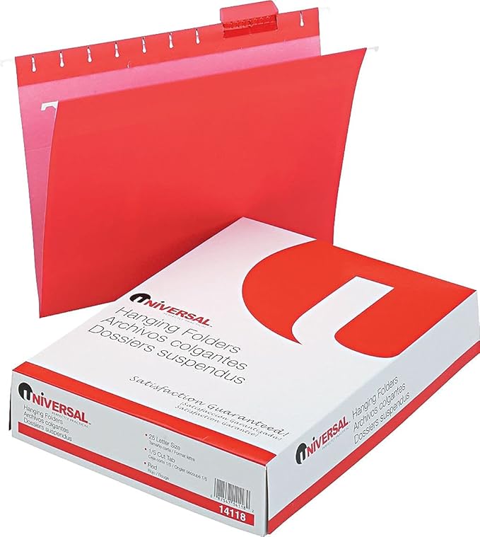 Universal Deluxe Bright Color Hanging File Folders, Letter Size, 1/5-Cut Tabs, Red, 25/Box
