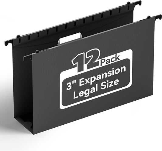 Ansook Plastic Legal Size Hanging File Folders, 12 Pack Black Legal Size File Folders, Heavy Duty 3 Inch File Folders Hanging with Tabs, Hanging File Folder Organizers for Office Home School