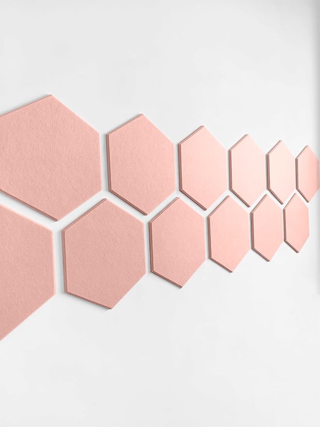 Hexagon Felt Board Tiles - 12 Packs Self Adhesive Pinboard & Acoustic Panels | Modern Office Wall Decor for Home | Sound Absorbing Bulletin Board - Pink
