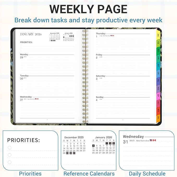 Planner 2026, Weekly & Monthly Calendar Planner, January 2026 - December 2026, Hardcover Agenda Book with Tabs, A5 (6.3" x 8.5"), Daily Organizer Notebook for Student Teacher Office School Supplies, Wild Flowers
