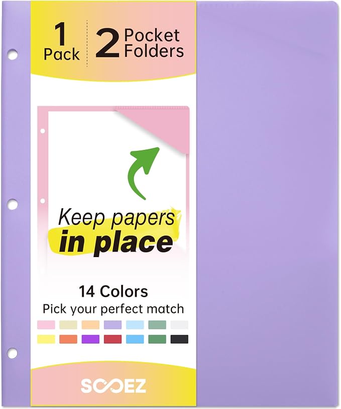 Sooez 2-Pocket Folders, Plastic Folders with Pockets 3 Hole Punched, 1 Pack Pockets Folder for 3 Ring Binder with Labels, Heavy Duty Binder Folder for Document, Letter Size File Folder,Smoky Purple