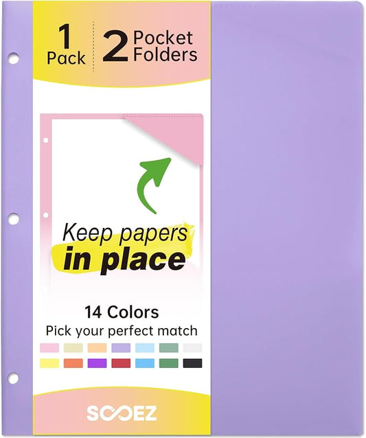 Sooez 2-Pocket Folders, Plastic Folders with Pockets 3 Hole Punched, 1 Pack Pockets Folder for 3 Ring Binder with Labels, Heavy Duty Binder Folder for Document, Letter Size File Folder,Smoky Purple