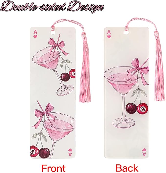 3 Pack Coquette Cherry Bookmarks Set, Cute Girly Acrylic Book Marks with Tassels, Funny Book Lover Gifts for Women (3PCS-Pink)