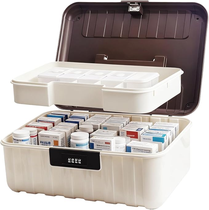 2-Tier Locking Storage Box with 4-Digit Combination Lock, Portable Stackable File & Medicine Organizer for Home, Office, Dorm (Brown, 11.42x8.66x4.45 Inches)