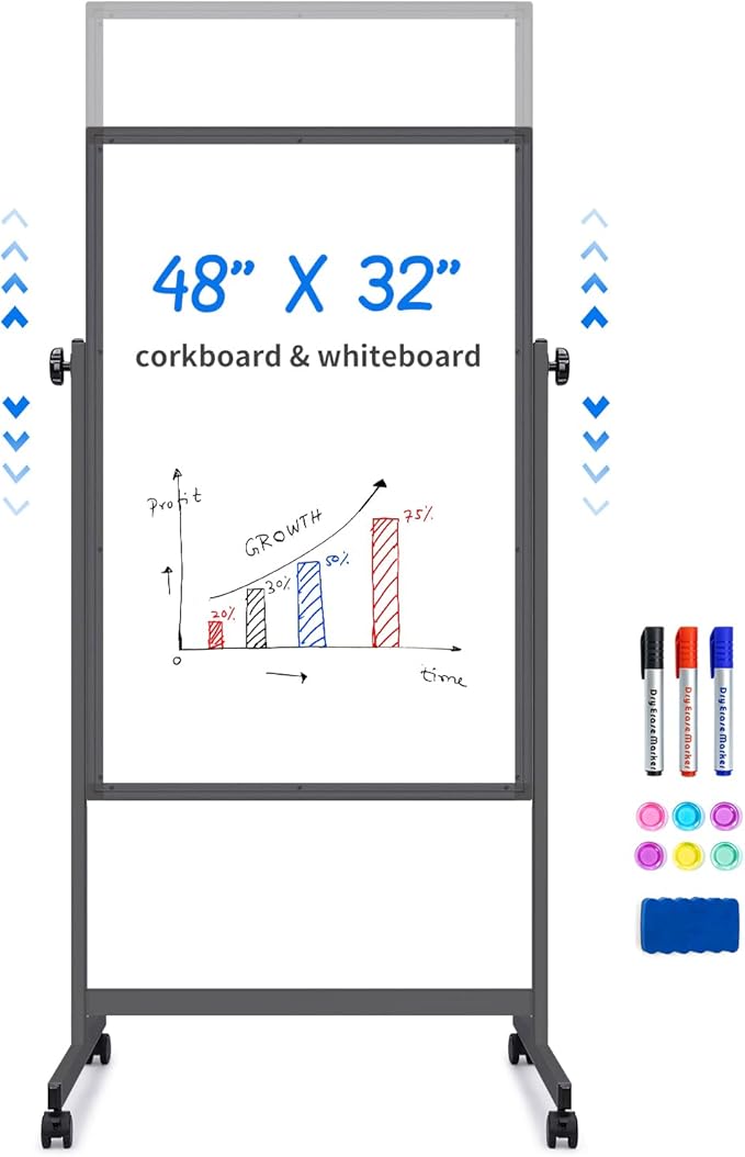 maxtek Rolling White Board, 48 x 32 Height Adjustable Whiteboard on Wheels, Large Magnetic Standing Mobile Easel Board, Double-Sided with Stand for Office, Home, and Classroom（Black）