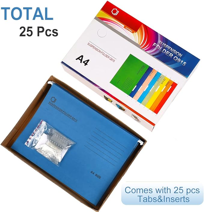 A4 Hanging File Folders, 25 Pcs Recycled Card File Folders for Filing Cabinet with Tabs and Card Inserts, Hanging Files Storage Folders for Office and School, Blue