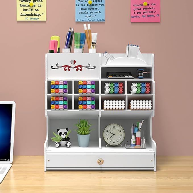 Hggzeg White Pen Holder with Compartments and Drawer, Marker Organizer, Art Supply Accessories, Multi-Functional Pencil Storage, for Home, Office and School