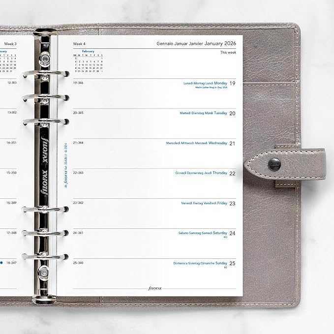 Filofax Calendar Diary Refill, A5 Size, Week on One Page, White Paper, Unruled, Multilingual: Four Languages, 2026 (C68517-26)