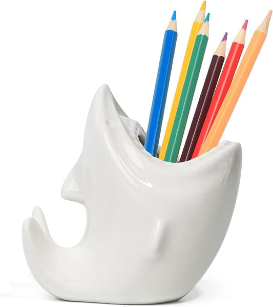 ComSaf Cute Shark Shaped Pen Pencil Holder, White Ceramic Succulent Planter Pots for Home Office Decoration Desk Organization, Set of 1