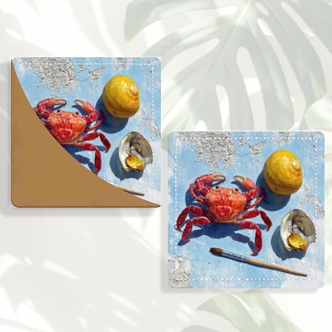 2PCS PU Leather Bookmarks 3.5x3.5 Inch Crab Seashell Ocean Design | PU leather bookmarks with red crab seashell design for beach novels, travel notes, art journals, ocean fans and readers.