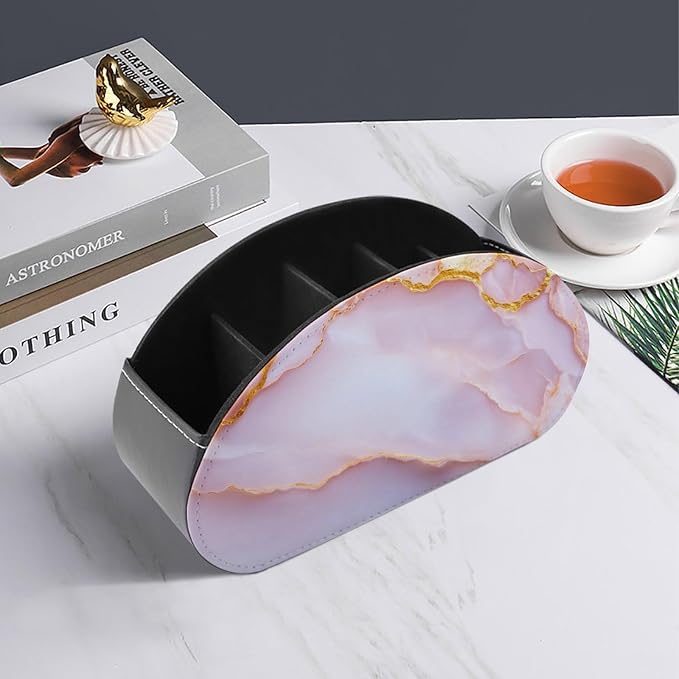 Marble Surface with Pale Pink Veins Flowing Remote Control Holder with 5 Compartments Leather TV Remote Caddy Remote Storage Box Desktop Organizer for Pen/TV Remotes/Media Controllers/Office Supplies