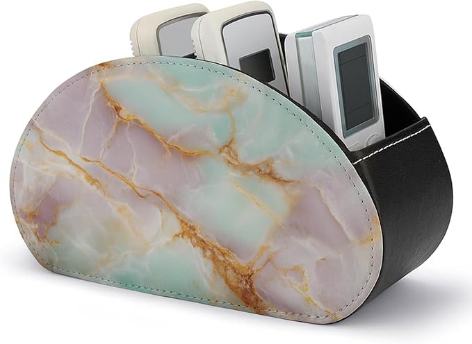 Pink Mint Lemon Marble Texture Remote Control Holder with 5 Compartments Leather TV Remote Caddy Remote Storage Box Desktop Organizer for Pen/TV Remotes/Media Controllers/Office Supplies