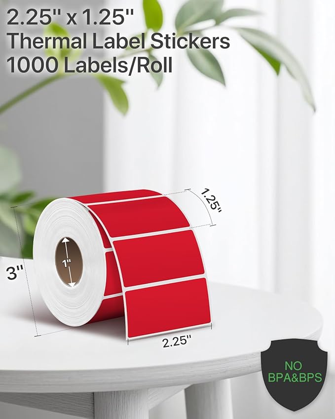 iEager 2.25x1.25 Inch Thermal Labels, Red Durable Thermal Printer Stickers, Self-Adhesive Rectangle Shipping Label Printer Sticker for Barcode, Name, Address, 1000 Labels/Roll