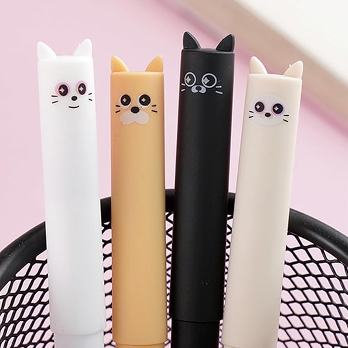 MOZXIRZ 4 Pcs Cute Erasable Pens Cartoon Cat Gel Pen 0.5mm Black Ink Smooth Writing Pen Kawaii Kitty Erasable Pens for Women School Supplies Office Supplies (Cat-Black Ink)