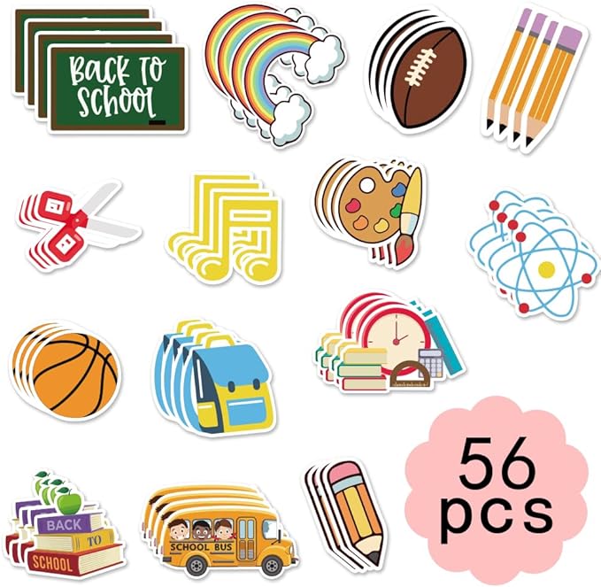 56 Pieces Back to School Cutouts Bulletin Board Decoration, First Day of School Cutouts Colorful Apple School Bus Cardboard Craft Rainbow Cut-Outs for School Classroom Kindergarten Party Supplies