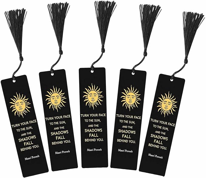 Golden Sun Bookmarks 5 Pcs with Tassels Black Shadow Wooden Bookmarks for Reading Women Students Teacher Reader