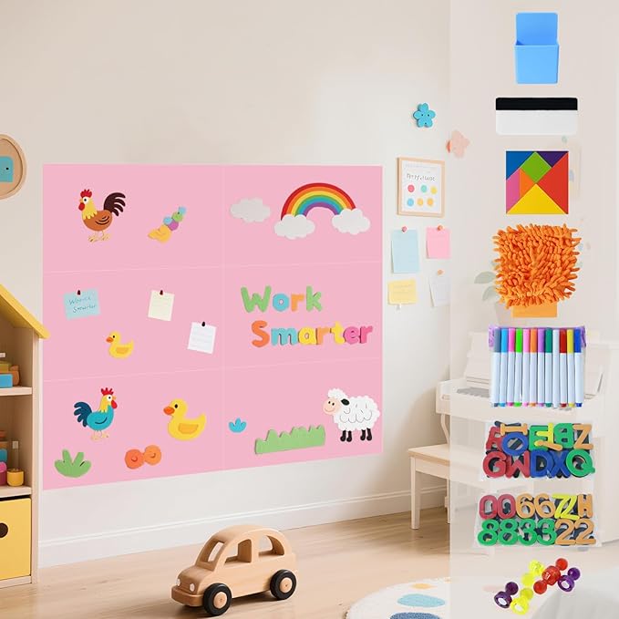 Magnetic Wall Decal for Kids Pink Set of 6 Peel and Stick Magnetic Chalkboard for Wall Self Adhesive Magnet Decal Wall with Chalk Tangram Puzzle Wall Magnetic Board for Playroom Office
