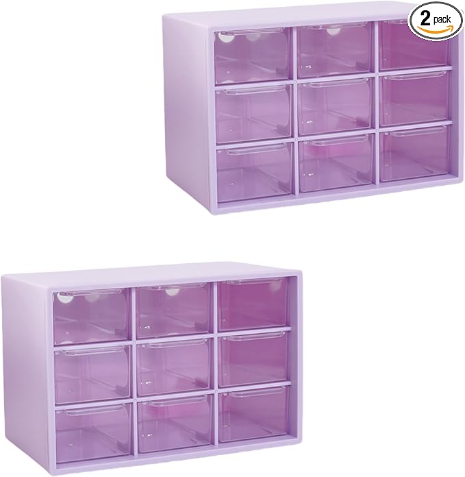 Feadily 2PCS Small Drawer Organizer for Desk, Desktop Drawer Organizer with 9 Clear Drawers, Plastic Desktop Storage Drawers 7.1 Inch x 3 .9 Inch x 4.7 Inch, Purple