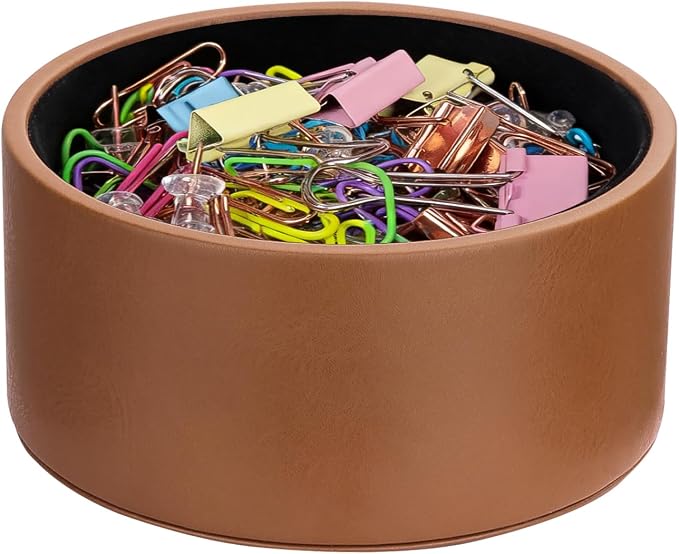 Premium Leather Paper Clip Holder for Desk - Round Brown Paperclip Dispenser Organizer, Shatterproof Desk Accessories Binder Clip Holder for Push Pins, Hair Clips, Trinkets & Jewelry