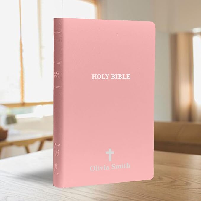 MerchSalad Personalized KJV Bible King James Version Faux Leather Holy Bible with Custom Name SMALL PRINT with Red-Highlighted Verses, Custom Gift for Christian & Religious Celebrations | Pink