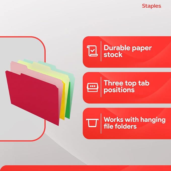 Staples Colored File Folders, Letter Size, 3‑Tab Top‑Tab Design, Durable 10.5‑Point Paper Stock, 100/Pack