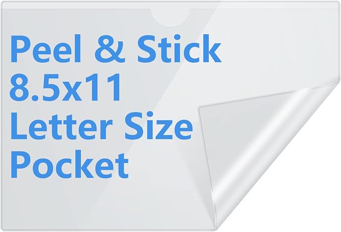 8.5" x 11" Peel & Stick Letter Size Pocket, Crystal Clear 8.5 x 11 Adhesive Wall Pockets- 7 Pack