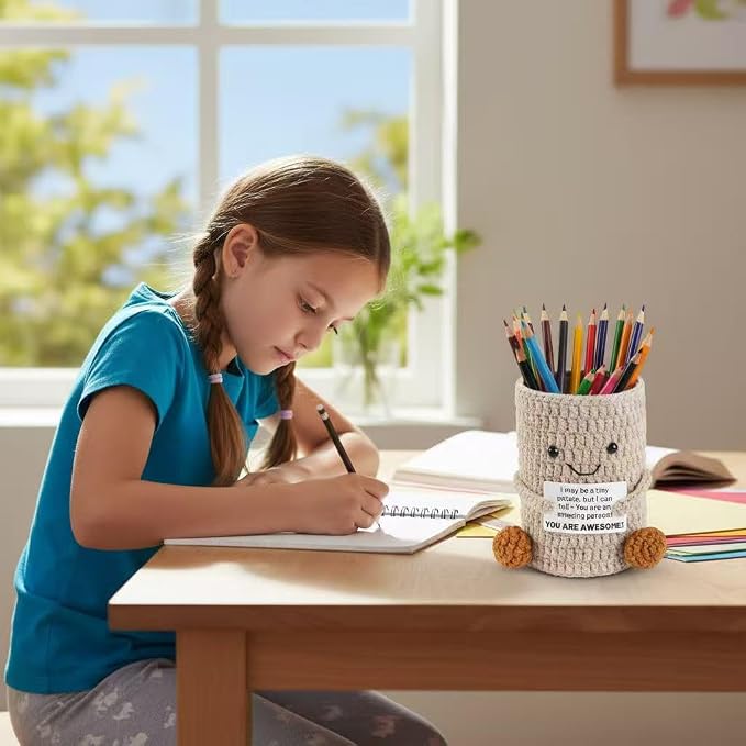 Cute Crochet Pencil Holder with Positive Message,Makeup Brush Holder Desk Organizer for Office School desk,Best Gift For Colleague Classmate And Friends Back to School Suplies