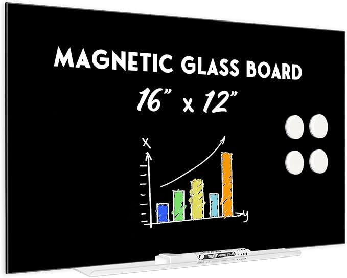 Magnetic Glass Whiteboard for Wall, 16" x 12" Glass Dry Erase Board, Frameless White Board for Home and Office - Black