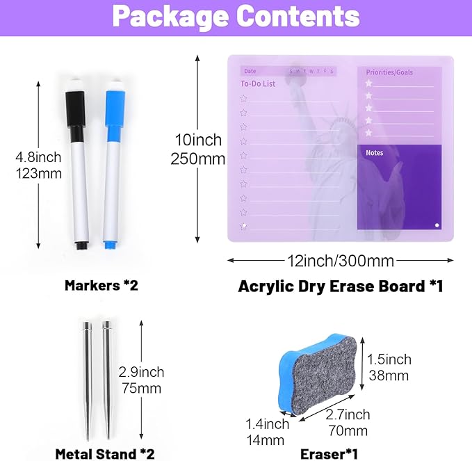 LeMotech Desktop Acrylic Dry Erase Board, 12x10 inches to-Do List Planner, Tabletop Whiteboard with Stand Office Supplies Includes 2 Markers & 1 Eraser, Purple Statue of Liberty Pattern, 1 Pack