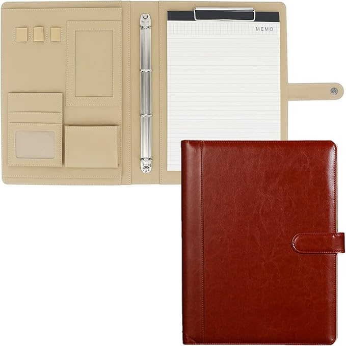 Professional Portfolio Leather Business Padfolio Notebook with Letter Size Clipboard, A4 Portfolio Binder & Organizer Folder (Brown)