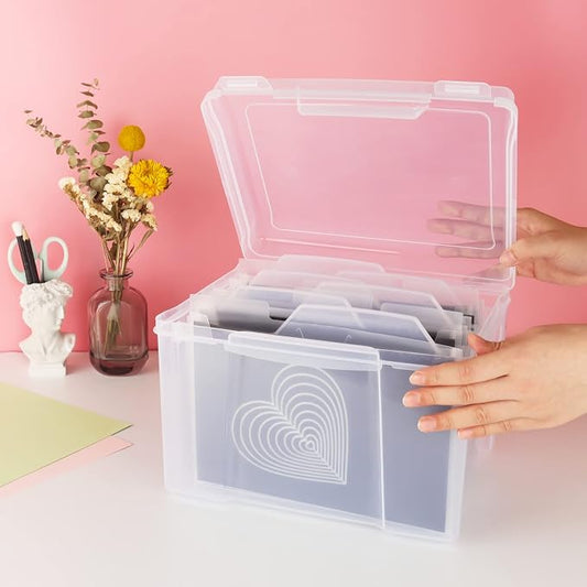 Briartw Clear Plastic Storage Box with Snap Closure lid - Stackable Organizer File Box with 6 Dividers & 10 Labels for Home Office Craft Supplies, 7.6"H x 10.6"L x 9.17"W