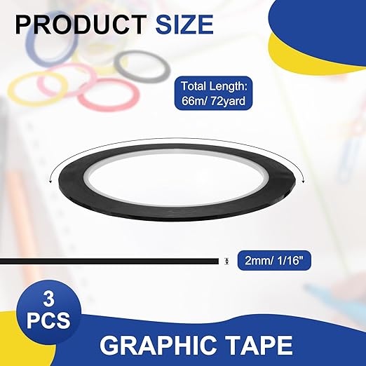 MECCANIXITY Whiteboard Tape 5/64" / 2mm Self Adhesive Graphic Chart Line Tape 72 Yard Grid Marking Stickers for Pinstripe Dry Erase Board Scrapbooking DIY Art Crafts, Black, Pack of 3