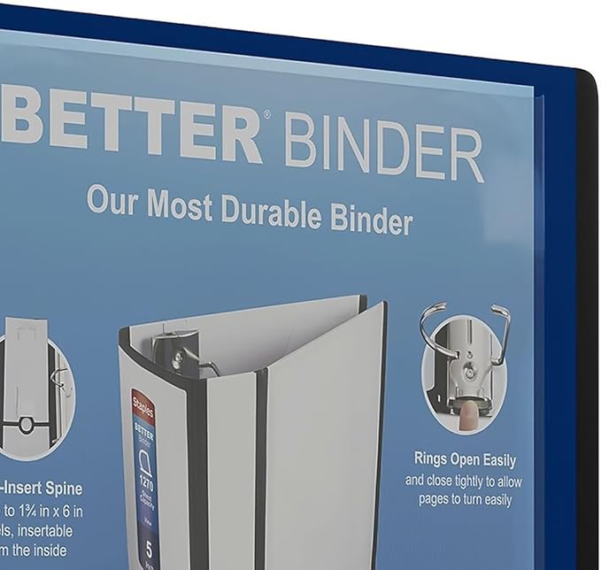 Staples Better Binder, 5" D‑Ring Heavy‑Duty View Binder, Blue, Reinforced Spine, High‑Capacity 3‑Ring Binder, Holds up to 1,000 Sheets