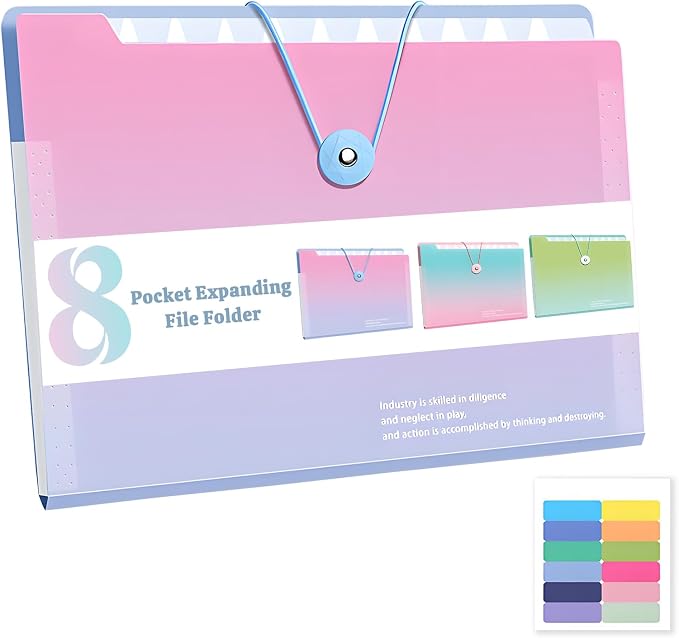 Accordion Folder with Labels, Letter/A4 Size 8 Pockets Expanding File Organizer, Portable Document Organizers for Paper Bill Receipt, Home College School Office Supplies (Gradient Pink)