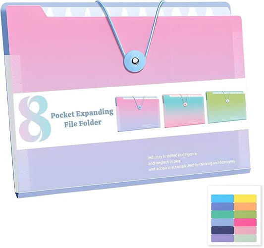 Accordion Folder with Labels, Letter/A4 Size 8 Pockets Expanding File Organizer, Portable Document Organizers for Paper Bill Receipt, Home College School Office Supplies (Gradient Pink)