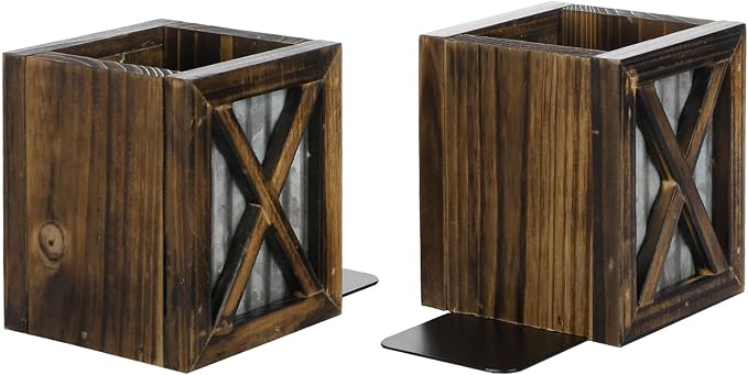 MyGift Rustic Decorative Bookends, Book Ends for Shelves with Pen Holder, for Home Office Classroom, Dorm Room, Desk, Burnt Wood with Corrugated Galvanized Metal Accent