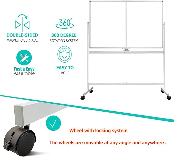 BIBOC Rolling Stand White Board 32×48 Inches, Double Sided Mobile Dry Erase Board with Aluminum Frame, 360 Rotating for Home Office Classroom