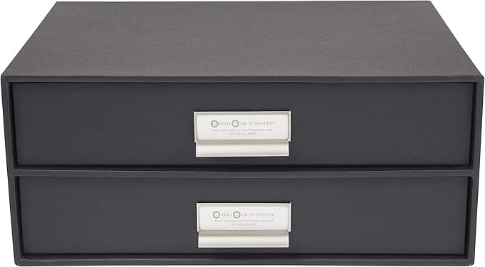 Bigso Box of Sweden Birger 2-Drawer Fiberboard Label Frame Document Letter Box | Desktop Drawers for Loose Papers, Documents with Metal Label Holder | 13.1" x 10" x 5.7" | Dark Grey