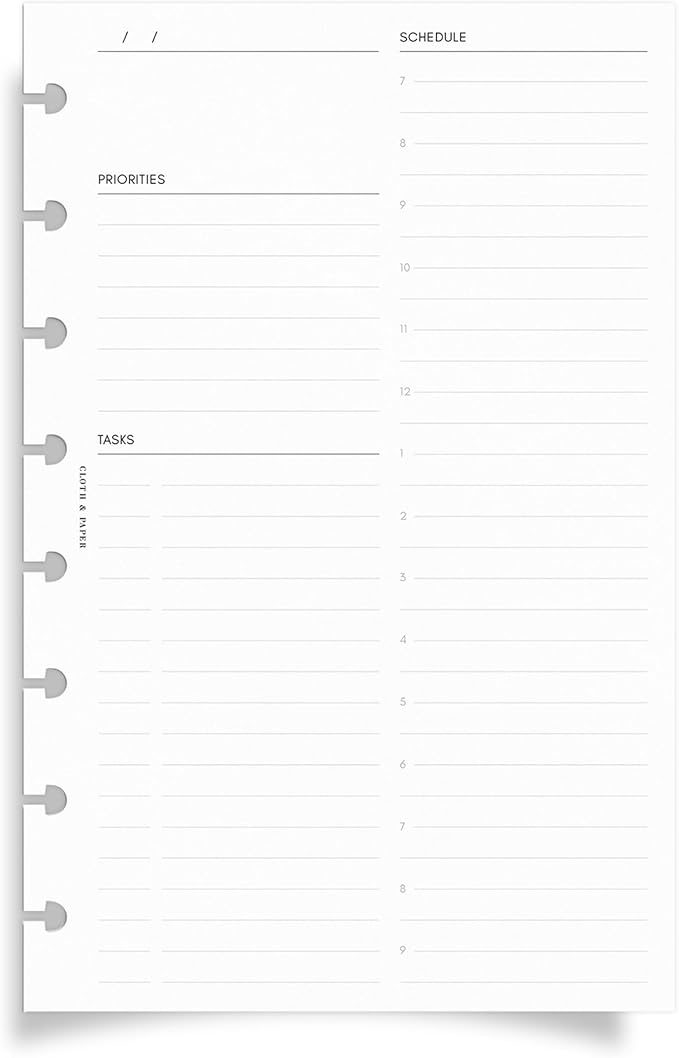 Cloth & Paper Daily Planner Inserts – Half Letter Size 8-Disc Punched Refill Pages – Undated 90 Pages (45 Double-Sided), Schedule 7AM–9PM, Priorities & Tasks, Minimalist Design for Productive Planning